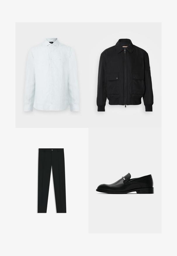 Giacca bomber nera realizzata in tessuto morbido e leggero. Caratterizzata da una chiusura con zip frontale, due tasche sul petto con bottone e polsini a costine.; Camicia da uomo a maniche lunghe di colore blu chiaro con righe verticali bianche, colletto classico e logo discreto sul petto.; Pantaloni neri in tessuto lisci, con design a gamba dritta. Presentano una chiusura frontale con bottone e passanti per cintura. Senza fantasie.; Mocassino da uomo in pelle nera con dettaglio in metallo, tacco basso e suola con marchio, mostrato di lato su uno sfondo bianco.