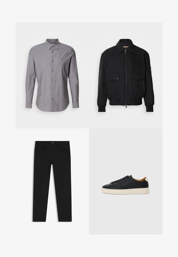 Giacca bomber nera realizzata in tessuto morbido e leggero. Caratterizzata da una chiusura con zip frontale, due tasche sul petto con bottone e polsini a costine.; Camicia a maniche lunghe grigia a righe in cotone, con colletto a bottoni e logo sul petto sinistro. Design a vestibilità slim.; Pantaloni in denim nero con taglio dritto, dotati di vita standard, cinque tasche e chiusura con bottone. Texture liscia su tutta la superficie.; Sneakers in pelle nera con una texture liscia, suola in gomma beige, design con lacci e un accento del tacco in contrasto.