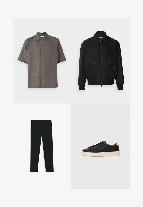 Chaqueta bomber negra de tejido suave y ligero. Cuenta con cierre de cremallera en la parte delantera, dos bolsillos en el pecho con botón y puños acanalados.; Camisa de manga corta en color verde oliva, confeccionada en una tela texturizada que presenta un patrón de hojas en relieve, con cuello clásico y cierre frontal de botones.; Pantalones de vestir negros con un diseño de pierna recta, hechos de una tela suave. Cuentan con un cierre frontal de botón y lazos para cinturón. Liso, sin patrones.; Zapatillas negras de cuero con una textura suave, suela de goma beige, diseño de cordones y un acento en el talón de color contrastante.