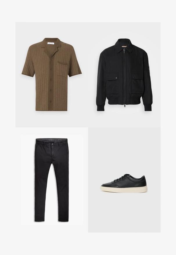 Must mustrakk musth kergestikuti kergemest kuduklett, kergete vestid valjase tormakate. Omab fasadi lukkumist, kahte nööbül pulsiv кофейня ning ribitud käiseid.; Prune lühikeste varrukatega särk, millel on tekstuuriga kudumine, lõigatud krae, 5 nööpi ja üks rinnatasku.; Mustad puuvillased chinos, mis on kitseneva lõikega, viie taskuga, vöökohaga ja siledast tekstuurist. Zipperiga lukk ja nupuga kinnitamine.; Mustad musta nahast madal sneaker mustade nööpidega ja kreemivalge tallaga, nähtud külgprofiilis valge tausta ees.