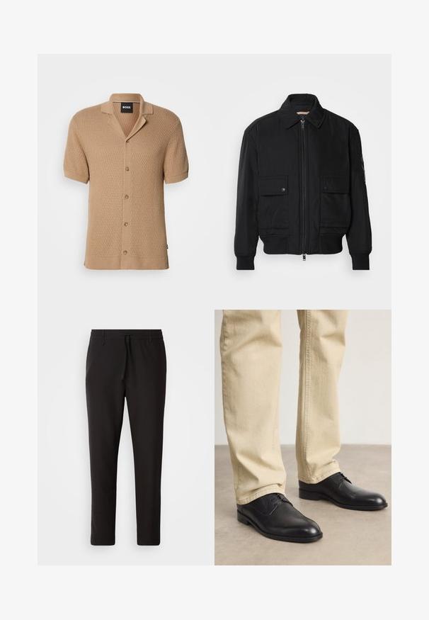 Giacca bomber nera realizzata in tessuto morbido e leggero. Caratterizzata da una chiusura con zip frontale, due tasche sul petto con bottone e polsini a costine.; Cardigan tricot beige maniche corte con motivo testurizzato, chiusura a bottoni, colletto e etichetta nera "BOSS" all'interno del colletto.; Pantaloni jogger neri realizzati in tessuto liscio. Presentano una vita elasticizzata con stringa, gambe affusolate e senza tasche visibili. Design semplice.; Scarpe stringate in pelle nera con punta arrotondata, finitura liscia e dettagli di cucitura sottili, indossate con pantaloni beige chiaro.