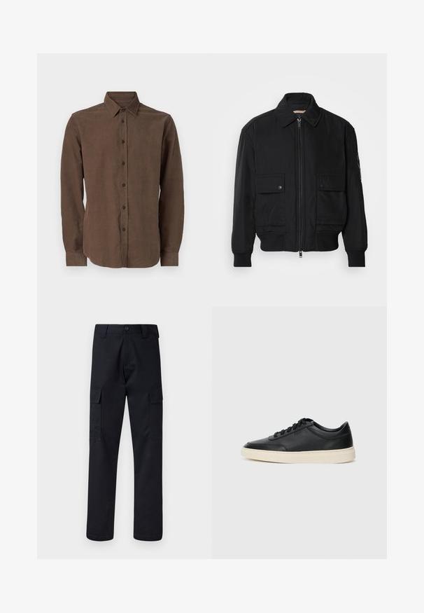 Veste bomber noire en tissu lisse et léger. Dotée d'une fermeture éclair à l'avant, de deux poches poitrines boutonnées et de poignets côtelés.; Chemise marron à manches longues fabriquée à partir d'un tissu texturé, avec un col classique et une fermeture à boutons sur le devant.; Pantalons cargo noirs en tissu résistant, avec une coupe droite, deux poches latérales et une fermeture à bouton à la taille.; Baskets en cuir noires à tiges basses avec lacets noirs et semelle ivoire, présentées en profil latéral sur fond blanc.