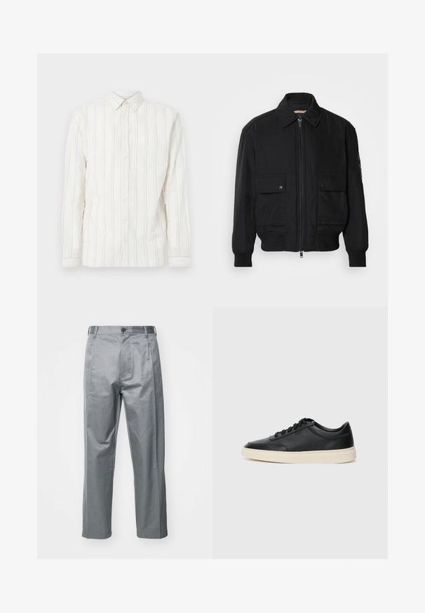 Must mustrakk musth kergestikuti kergemest kuduklett, kergete vestid valjase tormakate. Omab fasadi lukkumist, kahte nööbül pulsiv кофейня ning ribitud käiseid.; Valge pika varrukaga nööbiga särk, millel on vertikaalsed heleda pruuni värvi triibud, klassikaline krae ja nööpidest eeslukk. Pehme, tekstuuriga kangas.; Hallitse hägatud puuvillasegused püksid, millel on sirge lõikega disain, ees nupuga kinnitus, vööde augud ja küljetaskud.; Mustad musta nahast madal sneaker mustade nööpidega ja kreemivalge tallaga, nähtud külgprofiilis valge tausta ees.