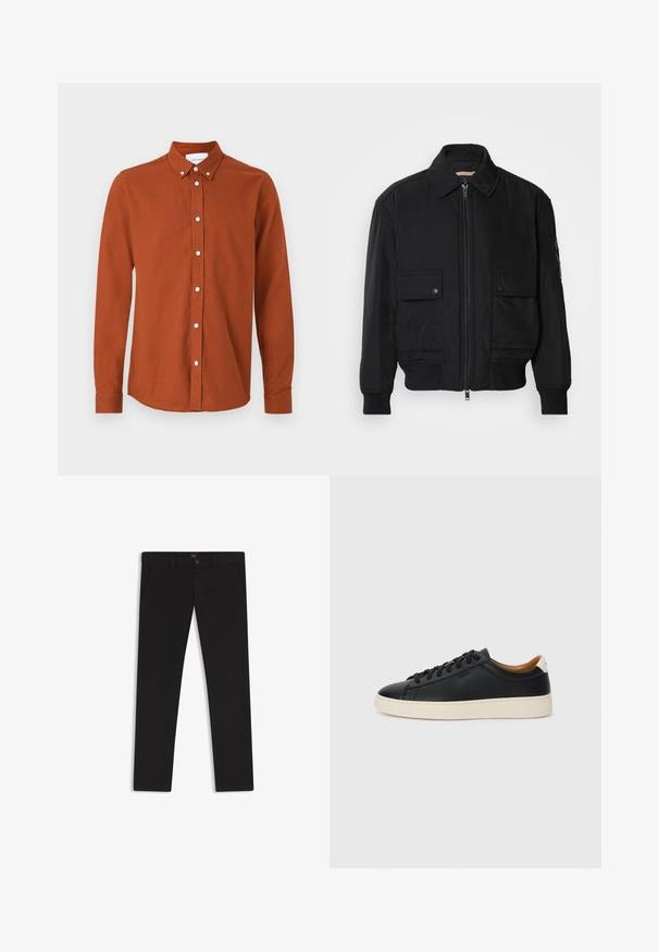 Giacca bomber nera realizzata in tessuto morbido e leggero. Caratterizzata da una chiusura con zip frontale, due tasche sul petto con bottone e polsini a costine.; Maglietta a maniche lunghe color ruggine realizzata in un tessuto testurizzato, dotata di colletto con bottoni, bottoni bianchi e un logo ricamato discreto.; Pantaloni neri realizzati in tessuto con una superficie liscia. Presentano una chiusura con bottone, passanti per cintura e tasche laterali. Design a gamba dritta standard.; Sneakers in pelle nera con una texture liscia, suola in gomma beige, design con lacci e un accento del tacco in contrasto.