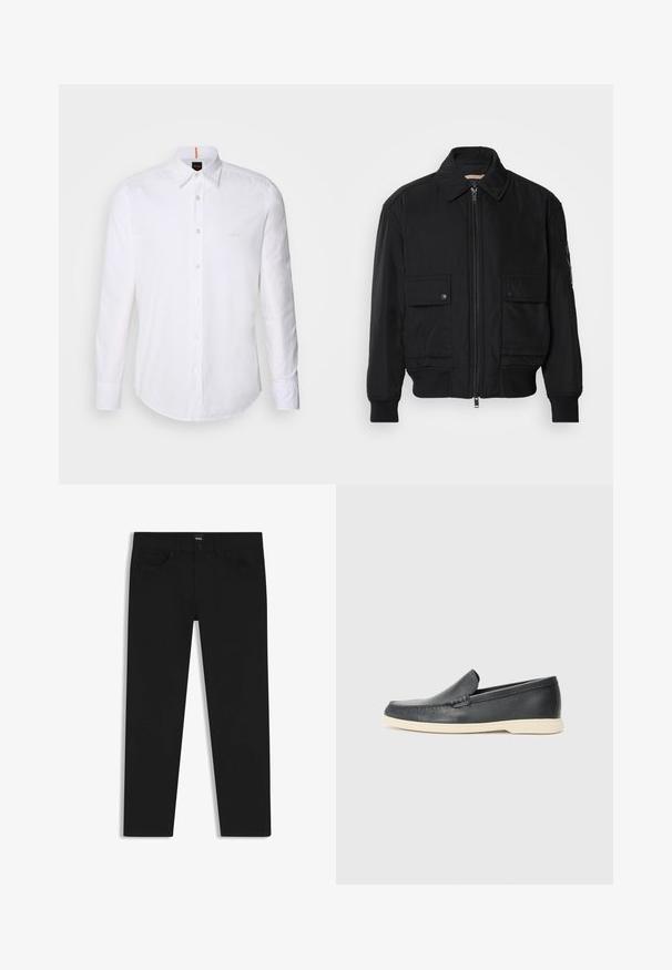 Zwarte bomberjack gemaakt van soepel, lichtgewicht materiaal. Voorzien van een ritssluiting aan de voorkant, twee knoopsluitingen op de borstzakken en geribbelde manchetten.; Witte langwerpige overhemd met lange mouwen van katoen, met een klassieke kraag, een subtiel logo dicht bij de borst en witte knopen.; Zwarte denim broek met een rechte snit, voorzien van een standaard tailleband, vijf zakken en een knoopsluiting. Gladde textuur overal.; Zwarte leren instappers met een gestructureerde afwerking en een contrasterende beige rubberen zool. Beschikt over een subtiele accent langs de voorkant.