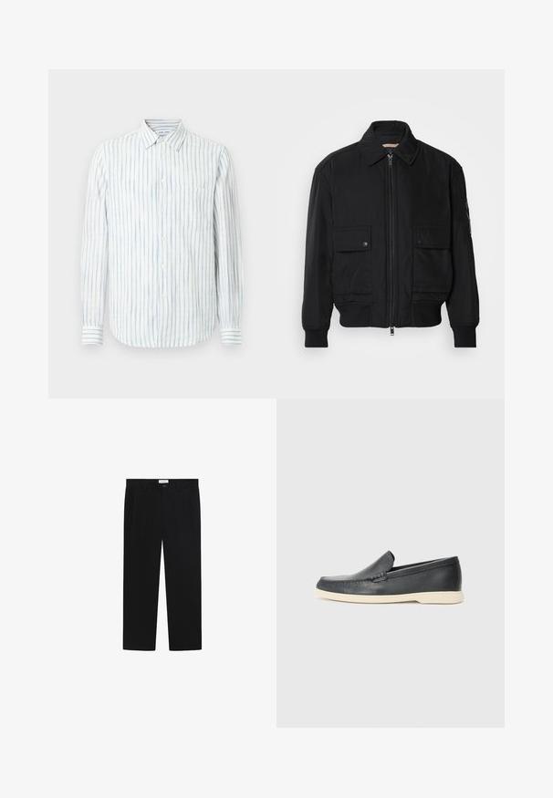 Giacca bomber nera realizzata in tessuto morbido e leggero. Caratterizzata da una chiusura con zip frontale, due tasche sul petto con bottone e polsini a costine.; Camicetta leggera a maniche lunghe bianca con righe verticali blu. Presenta un colletto con bottoni e una tasca singola sul petto.; Pantaloni neri con design a gamba dritta, tasche frontali e chiusura con bottone. Realizzati in un tessuto liscio con una finitura elegante.; Mocassini neri in pelle con finitura testurizzata e suola in gomma beige a contrasto. Presentano un accento sottile lungo la parte anteriore.