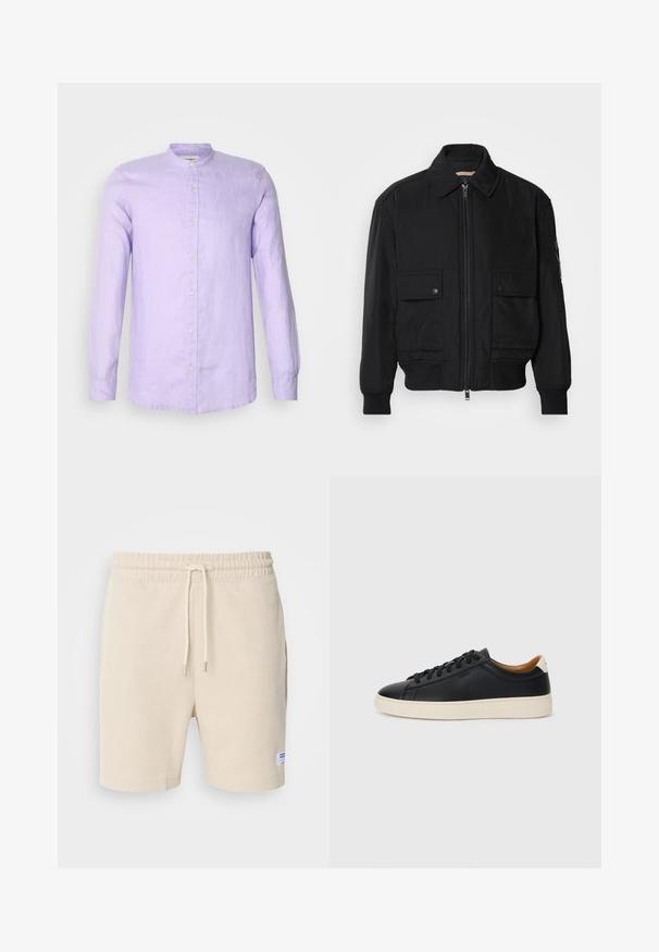Crna bomberska jakna od glatkog, laganog materijala. Ima zatvarač sprijeda, dva gumbasta džepa na prsima i rebraste manžete.; Košulja dugih rukava u svijetloj lavandi od lana s kratkim ovratnikom i prednjim zatvaranjem na gumbe. Ugodna tekstura s ležernim krojem.; Kratke hlače krem boje od teksturirane tkanine. Imaju elastični pojas s vezicom i bočne džepove. Mali oznaka na rubu.; Crne kožne tenisice s glatkom teksturom, bež gumeni đon, dizajn s vezicama i kontrastni detalj na peti.