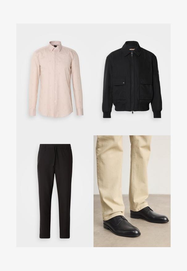 Zwarte bomberjack gemaakt van soepel, lichtgewicht materiaal. Voorzien van een ritssluiting aan de voorkant, twee knoopsluitingen op de borstzakken en geribbelde manchetten.; Lichtroze longsleeve shirt met een button-down kraag, subtiel gestreept patroon en geborduurde cirkelmotieven.; Zwarte joggingsbroek van gladde stof. Kenmerkt zich door een elastische tailleband met een trekkoord, taps toelopende benen en geen zichtbare zakken. Eenvoudig ontwerp.; Zwarte leren veterschoenen met een ronde neus, een gladde afwerking en subtiele stikdetails, gedragen met lichtbeige broeken.