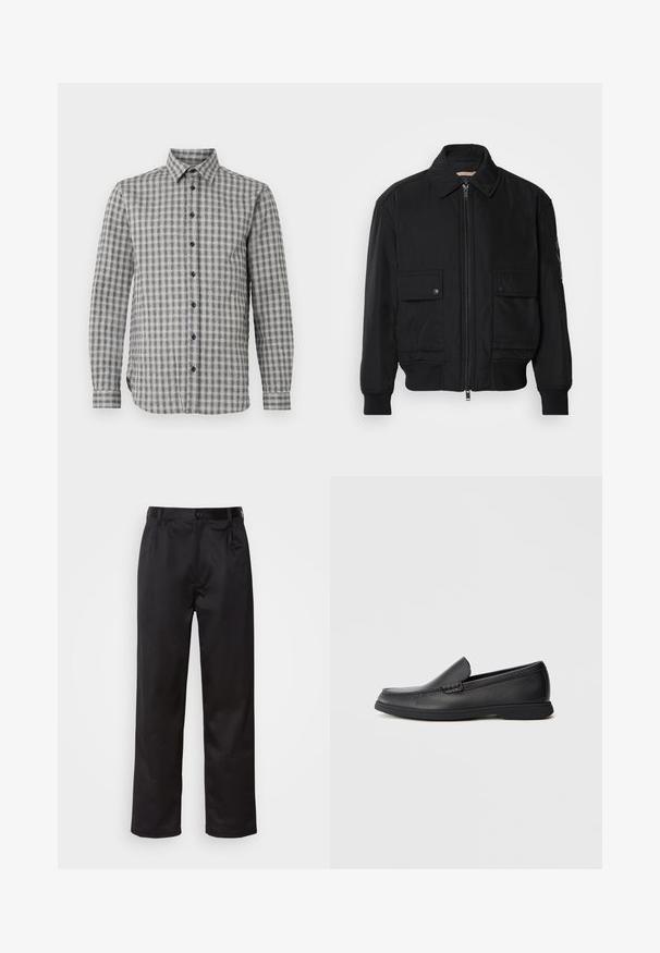 Giacca bomber nera realizzata in tessuto morbido e leggero. Caratterizzata da una chiusura con zip frontale, due tasche sul petto con bottone e polsini a costine.; Camicia da uomo a maniche lunghe grigia con motivo a quadri, dotata di colletto button-down e bottoni neri, realizzata in tessuto morbido.; Pantaloni neri realizzati in tessuto morbido, con chiusura frontale a bottone, pieghe e gambe dritte. Nessun motivo o accento visibile.; Mocassino slip-on in pelle nera con sopra testurizzato, punta arrotondata, tacco basso e suola in gomma, mostrato in profilo laterale su sfondo bianco.