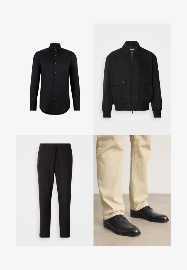 Jaqueta bomber preta feita de um tecido liso e leve. Apresenta um fecho zip à frente, dois bolsos no peito com botão e punhos canelados.; Camisa preta de mangas longas feita de tecido liso, com colarinho pontudo e botões na frente, com uma bainha curvada e sem padrões ou adornos.; Calças de jogging pretas feitas de tecido liso. Apresentam uma cintura elástica com cordão, pernas ligeiramente ajustadas e sem bolsos visíveis. Design simples.; Sapatos pretos de couro com atacadores, com bico arredondado, acabamento suave e detalhes de costura subtis, usados com calças bege claras.