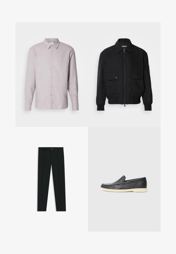 Zwarte bomberjack gemaakt van soepel, lichtgewicht materiaal. Voorzien van een ritssluiting aan de voorkant, twee knoopsluitingen op de borstzakken en geribbelde manchetten.; Lichtgrijze linnen overhemd met een kraag, lange mouwen en een knoopsluiting. Heeft een subtiele textuur en parelmoerachtige knopen langs de sluiting.; Zwarte dresspants met een recht pasvorm, gemaakt van een gladde stof. Heeft een sluiting met een knoop aan de voorkant en ceintuurlussen. Effen zonder patronen.; Zwarte leren instappers met een gestructureerde afwerking en een contrasterende beige rubberen zool. Beschikt over een subtiele accent langs de voorkant.