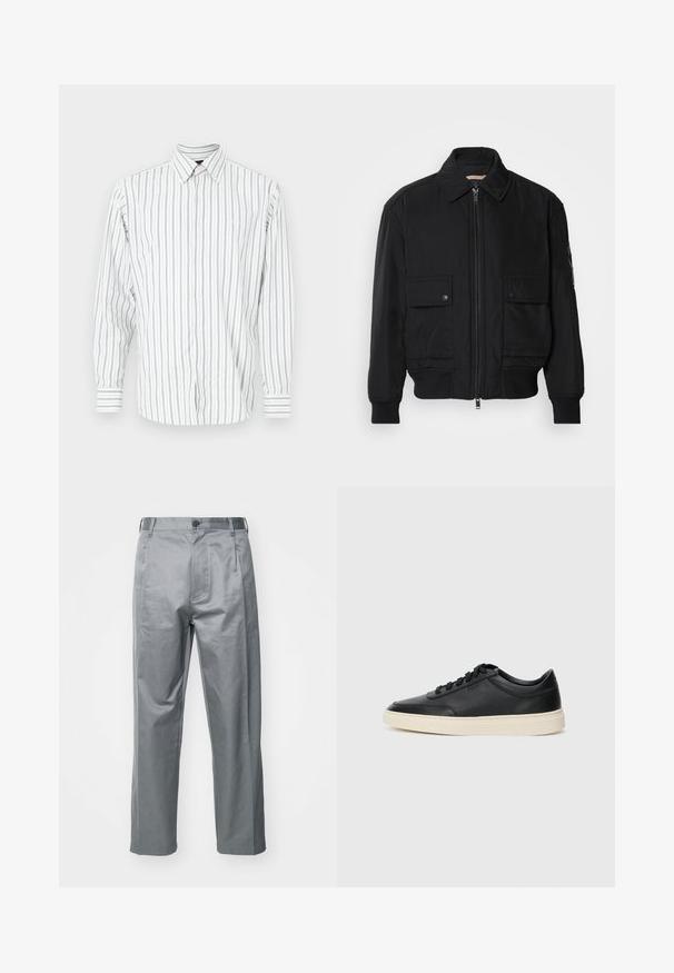 Μαύρο μπουφάν bomber φτιαγμένο από μαλακό, ελαφρύ ύφασμα. Διαθέτει φερμουάρ μπροστά, δύο τσέπες με κουμπιά στο στήθος και ριμπ μανσέτες.; Ανδρικό πουκάμισο με μακριά μανίκια και κουμπιά σε λευκό χρώμα με κάθετες ρίγες σε ανοιχτό μπλε και γκρι, με κλασικό γιακά και μία τσέπη στο στήθος.; Γκρι βαμβακερό παντελόνι με ίσια γραμμή, διαθέτει μπροστινό κλείσιμο με κουμπί, θηλιές για ζώνη και πλαϊνές τσέπες.; Μαύρο δερμάτινο σνίκερ χαμηλού προφίλ με μαύρες κορδόνες και ελαφρώς λευκή σόλα, εμφανίζεται σε πλάγια προφίλ σε λευκό φόντο.