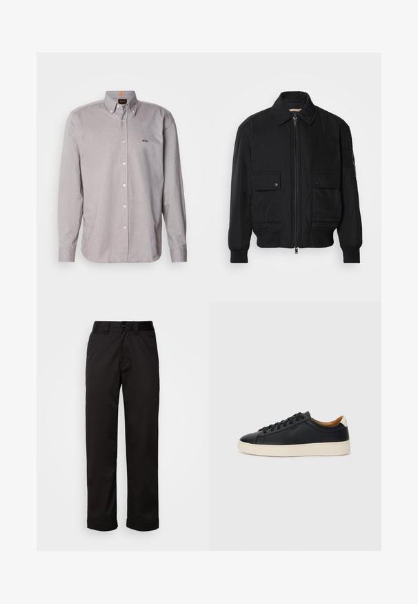 Melnā bomber jaka, izgatavota no gludas, vieglas auduma. Ar rāvējslēdzēju priekšā, diviem pogājamiem krūšu kabatām un ribotām piedurknēm.; Gai pelēks pogu krekls vieglā audumā, ar apkakli, garām piedurknēm un mazu izšuvumu uz krūts.; Melnas bikses, izgatavotas no gluda auduma, ar rāvējslēdzēju, pogu aizdari un sarullētām piedurknēm ikdienejai apģērbam.; Melni ādas sporta apavi ar gludu tekstūru, bēša krāsas gumijas zole, auklu aizdare un kontrastējošs papēža akcents.