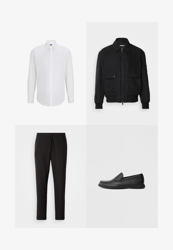 Jachetă bomber neagră, fabricată dintr-un material neted și ușor. Dispune de un fermoar frontal, două buzunare cu nasturi pe piept și manșete ribbrate.; Cămașă albă cu mâneci lungi, dintr-un material neted, cu guler standard, închidere prin butoane pe față și tiv rotunjit. Fără modele sau accente vizibile.; Pantaloni de jogging negri, confecționați dintr-un material neted. Prezintă un talie elastică cu șnur, picioare conice și fără buzunare vizibile. Design simplu.; Mocasini negri din piele cu slip-on, cu suprapunere texturată, vârf rotund, toc mic și talpă din cauciuc, prezentați din profil lateral pe fundal alb.