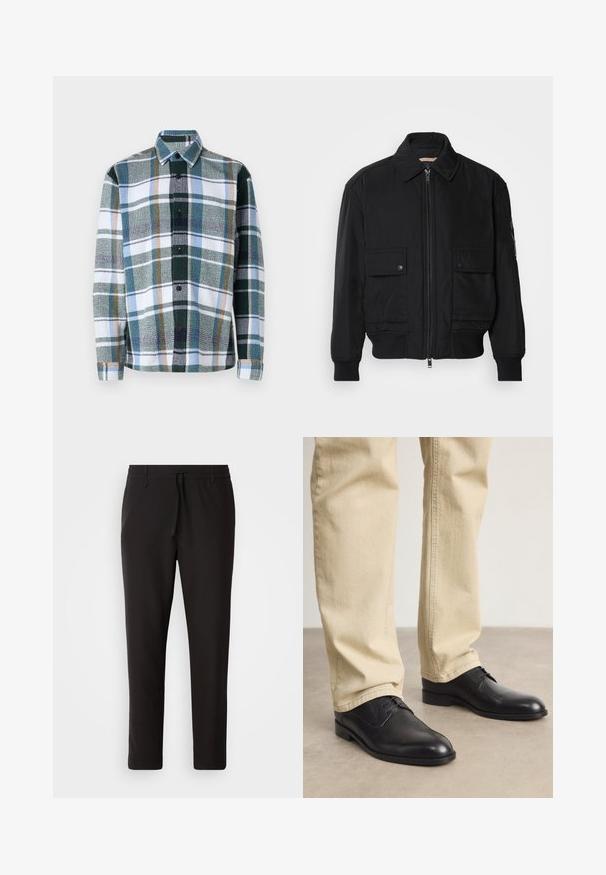 Fekete bomberdzseki sima, könnyű anyagból. Cipzáras elülső részével, két gombos mellzsebével és bordás mandzsettáival rendelkezik.; Zöld, kék és fehér kockás flanel ing. Elől gombos, klasszikus gallérral és hosszú ujjakkal rendelkezik, amelyek lekerekített mandzsetta végűek.; Fekete jogger nadrág sima anyagból. Rugalmas derekú, húzózsinórral, tapered lábakkal és látható zsebek nélkül készül. Egyszerű dizájn.; Fekete bőrfűzős cipő kerek orral, sima felülettel és finom varrási részletekkel, világos bézs nadrággal viselve.