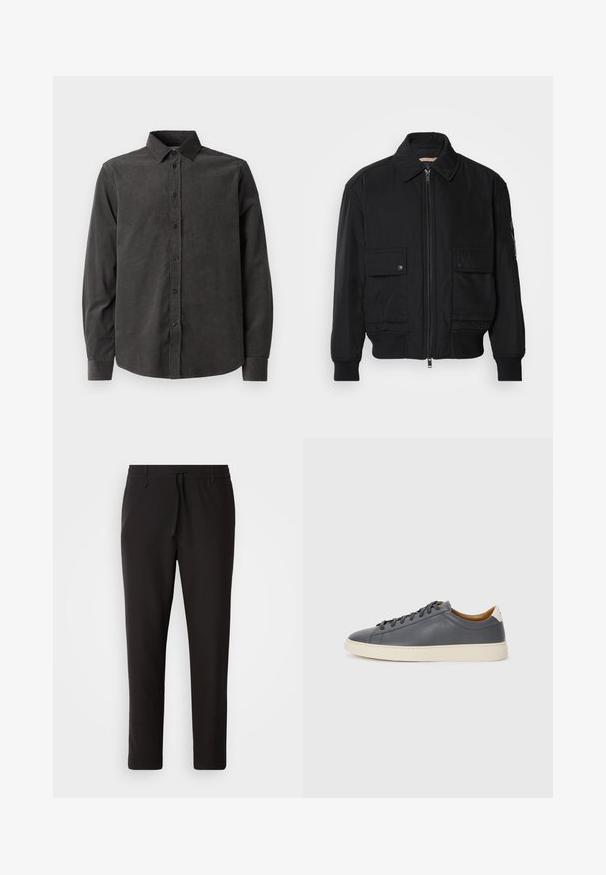 Giacca bomber nera realizzata in tessuto morbido e leggero. Caratterizzata da una chiusura con zip frontale, due tasche sul petto con bottone e polsini a costine.; Samsøe Samsøe LIAM SHIRT - Camicia - anthracite; Pantaloni jogger neri realizzati in tessuto liscio. Presentano una vita elasticizzata con stringa, gambe affusolate e senza tasche visibili. Design semplice.; Sneaker in pelle grigia con punta rotonda, suola in gomma, lacci piatti e dettagli chiari sul tallone. Texture liscia e design minimalista.