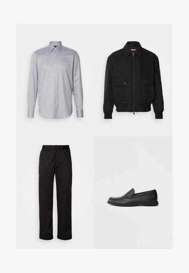 Black bomber jacket made of smooth, lightweight fabric. Features a zip front, two buttoned chest pockets, and ribbed cuffs.; Light purple long-sleeve shirt with a button-down collar, featuring a subtle textured pattern and white buttons along the front.; Black trousers made of smooth fabric, featuring a zip fly, button closure, and rolled cuffs for a casual design.; Black leather slip-on loafer with textured upper, rounded toe, low heel, and rubber sole, shown in side profile on white background.