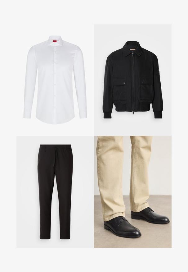 Zwarte bomberjack gemaakt van soepel, lichtgewicht materiaal. Voorzien van een ritssluiting aan de voorkant, twee knoopsluitingen op de borstzakken en geribbelde manchetten.; Witte lange mouwen knoopsluiting shirt gemaakt van soepel katoen. Beschikt over een klassieke kraag, volledige knoopsluiting en afgeronde zoom.; Zwarte joggingsbroek van gladde stof. Kenmerkt zich door een elastische tailleband met een trekkoord, taps toelopende benen en geen zichtbare zakken. Eenvoudig ontwerp.; Zwarte leren veterschoenen met een ronde neus, een gladde afwerking en subtiele stikdetails, gedragen met lichtbeige broeken.