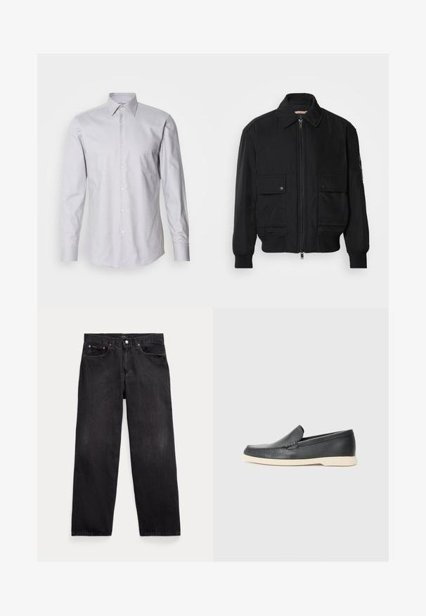 Chaqueta bomber negra de tejido suave y ligero. Cuenta con cierre de cremallera en la parte delantera, dos bolsillos en el pecho con botón y puños acanalados.; Camisa de manga larga gris claro con cuello abotonado, hecha de tejido tejido, que presenta un corte clásico y botones blancos en el frente.; Vaqueros de mezclilla negra con un corte relajado, que cuentan con cinco bolsillos, una tapeta de botón y un ligero desgastado en toda la tela.; Mocasines de piel negra sin cordones con un acabado texturizado y una suela de goma beige en contraste. Presentan un sutil acento en la parte frontal.