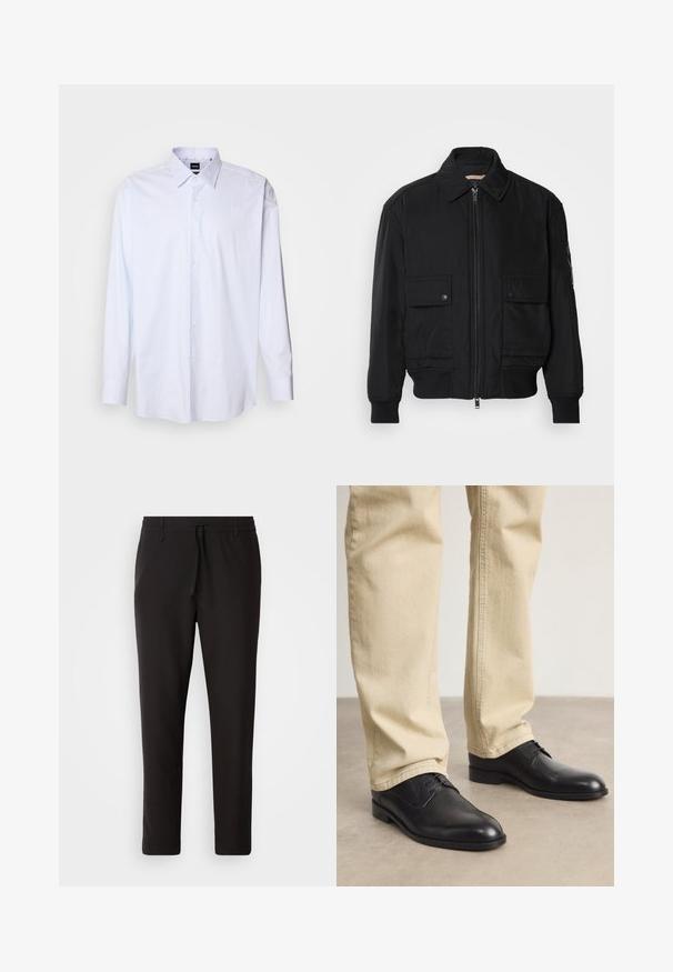 Czarna kurtka bombowiec wykonana z gładkiego, lekkiego materiału. Posiada zamek błyskawiczny z przodu, dwie kieszenie na piersi zapinane na guziki oraz ściągacze przy mankietach.; Jasnoniebieska, pasiasta koszula z długim rękawem z kołnierzykiem zapinanym na guziki oraz standardowymi mankietami. Wykonana z gładkiego, tkanej tkaniny. Ozdobiona białymi guzikami.; Czarne spodnie dresowe wykonane z gładkiego materiału. Posiadają elastyczny pas ze sznurkiem, zwężane nogawki oraz brak widocznych kieszeni. Prosty design.; Czarne skórzane buty na sznurówki z zaokrąglonym czubkiem, gładkim wykończeniem i subtelnymi detalami szycia, noszone z jasnobeżowymi spodniami.