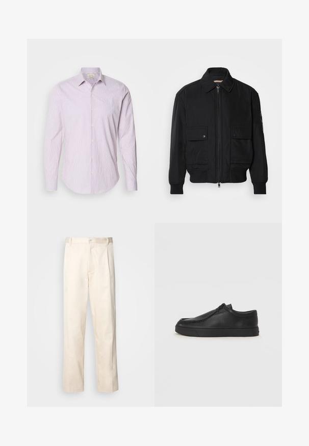 Must mustrakk musth kergestikuti kergemest kuduklett, kergete vestid valjase tormakate. Omab fasadi lukkumist, kahte nööbül pulsiv кофейня ning ribitud käiseid.; Hele roosa puuvillane särk, millel on valged püstised triibud, punktkaelus, pikad varrukad ja nööbisuletused ees. Pehme tekstuur.; Beesidised puuvillased püksid sirge jala lõikega, mis on varustatud nööpkinnituse ja ees olevate voltidega, et lisada detaili.; Must na ostri varvastega musta nahast libisemisega king, millel on tikand ja must kummitald. Sile tekstuur ja minimalistik disain.