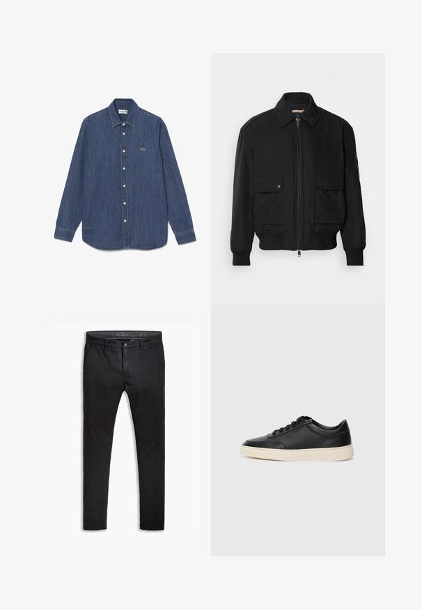 Jachetă bomber neagră, fabricată dintr-un material neted și ușor. Dispune de un fermoar frontal, două buzunare cu nasturi pe piept și manșete ribbrate.; Cămașă din denim, albastru închis, cu mâneci lungi, guler ascuțit, deschidere cu nasturi, având un mic logo verde de crocodil. Marginea este ușor curbată.; Chino negre din bumbac cu o croială ajustată, având cinci buzunare, bucle pentru curea și o textură netedă. Mânecuță cu fermoar și închidere cu nasture.; Sneaker din piele neagră, cu vârf jos, cu șireturi negre și talpă de un alb murdar, prezentat în profil lateral, pe un fundal alb.