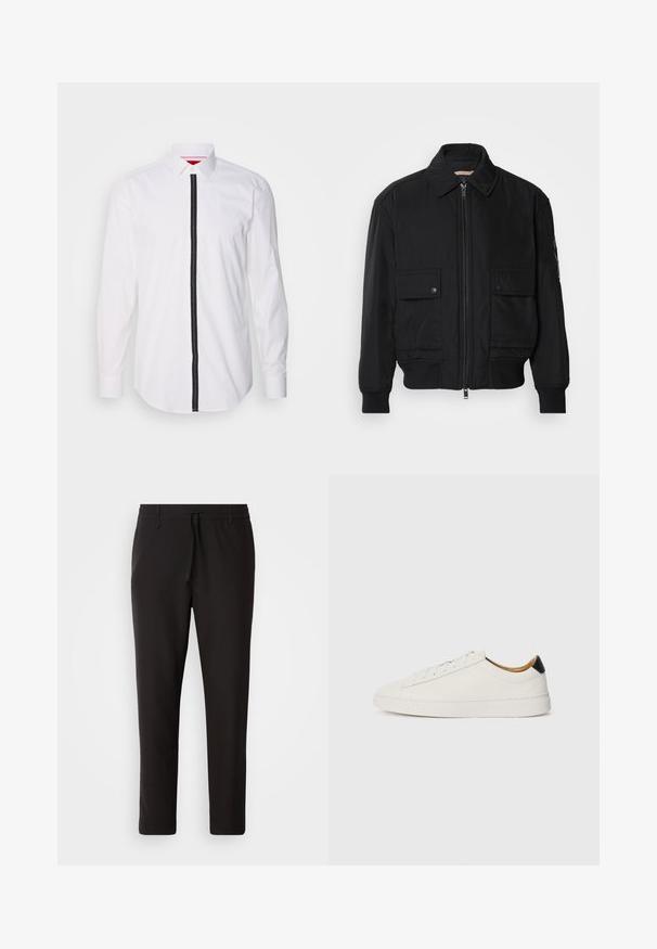 Fekete bomberdzseki sima, könnyű anyagból. Cipzáras elülső részével, két gombos mellzsebével és bordás mandzsettáival rendelkezik.; Fehér hosszú ujjú ing, fekete függőleges csíkkal az elején, gombos gallérral és sima textúrával.; Fekete jogger nadrág sima anyagból. Rugalmas derekú, húzózsinórral, tapered lábakkal és látható zsebek nélkül készül. Egyszerű dizájn.; Fehér sportcipő sima bőr felsőrésszel, kerek orral és lapos talppal. Fekete akcentus a saroknál, tonális fűzőkkel és minimális márkajelzéssel.