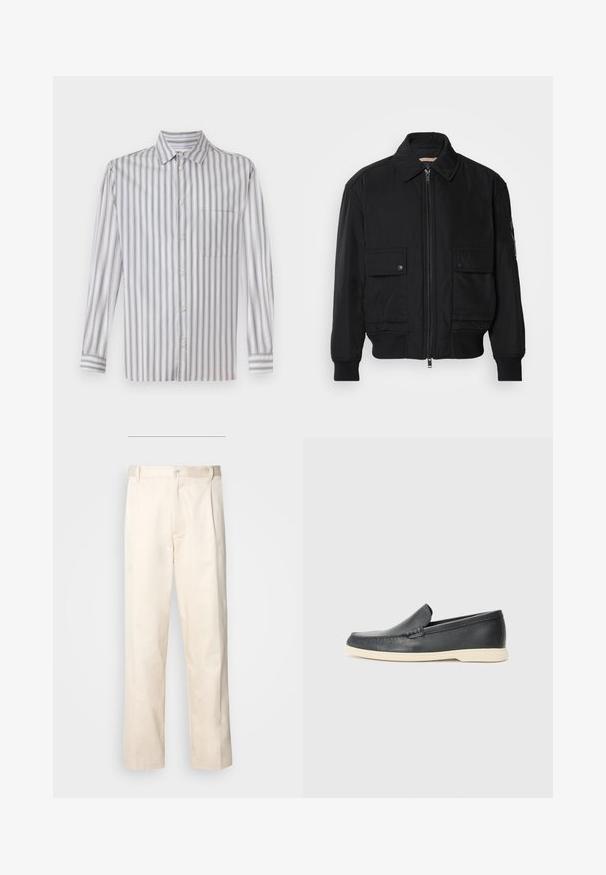 Černá bomber bunda vyrobená z hladkého, lehkého materiálu. Má zipový přední díl, dvě kapsy na hrudi s knoflíky a vroubkované manžety.; Košile na knoflíky světle šedé barvy s bílými vertikálními pruhy, dlouhé rukávy, límec, jedna náprsní kapsa a jemná textura.; Bežové bavlněné kalhoty se střihy rovného nohavice, s knoflíkovým zapínáním a záhyby vpředu pro zvýraznění detailu.; Černé kožené mokasíny na klínku s texturovaným povrchem a kontrastní béžovou gumovou podrážkou. Vyznačují se jemným akcentem podél přední části.
