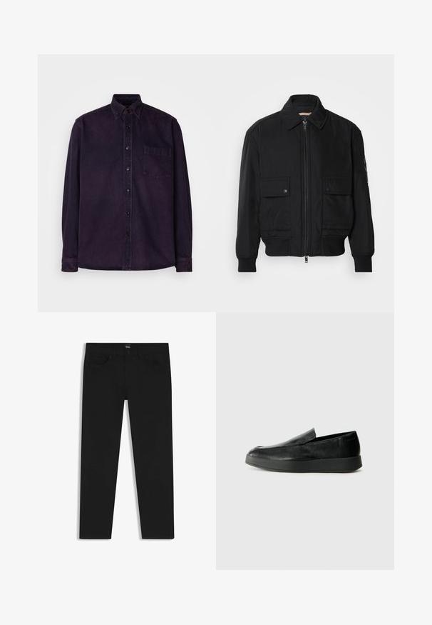 Chaqueta bomber negra de tejido suave y ligero. Cuenta con cierre de cremallera en la parte delantera, dos bolsillos en el pecho con botón y puños acanalados.; Camisa de botones morada oscura de algodón con un bolsillo en el pecho, cuello clásico, mangas largas y botones negros. Textura suave.; Pantalones de mezclilla negros con corte recto, que cuentan con una cinturilla estándar, cinco bolsillos y un cierre de botón. Textura suave en toda su superficie.; Calvin Klein HYBRID CUP - Zapatos sin cordones - triple black