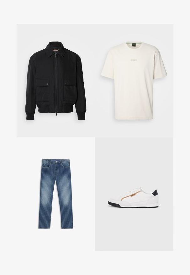 Black bomber jacket made of smooth, lightweight fabric. Features a zip front, two buttoned chest pockets, and ribbed cuffs.; BOSS TEE - Basic T-shirt - open white; Denim jeans with a pinstripe pattern, medium blue color, faded sections, straight leg cut, five pockets, and a metal button closure.; White athletic shoes with mesh and leather accents. Features a gold "BOSS" logo, textured side panels, and a black heel cap. Rubber sole.