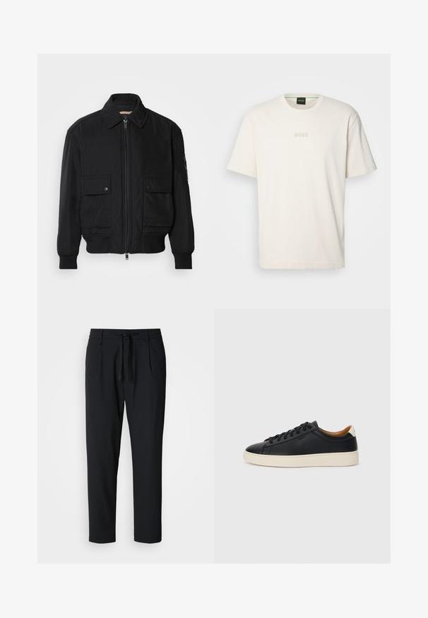 Black bomber jacket made of smooth, lightweight fabric. Features a zip front, two buttoned chest pockets, and ribbed cuffs.; BOSS TEE - Basic T-shirt - open white; Black tapered pants with elastic waistband and drawstring, front pleats, and side pockets on a white background.; Black leather sneakers with a smooth texture, beige rubber sole, lace-up design, and a contrasting heel accent.
