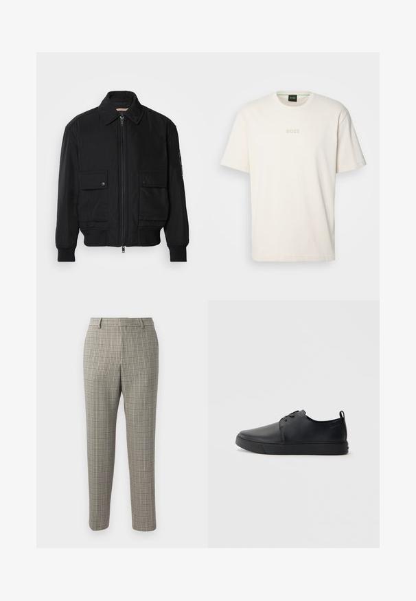 Black bomber jacket made of smooth, lightweight fabric. Features a zip front, two buttoned chest pockets, and ribbed cuffs.; BOSS TEE - Basic T-shirt - open white; Trousers in a light beige fabric featuring a checked pattern in dark brown and navy, with a straight cut and standard waistband.; Black leather sneaker with a smooth finish, rounded toe, tonal stitching, lace-up front, and a flat rubber sole. Loop at the heel.