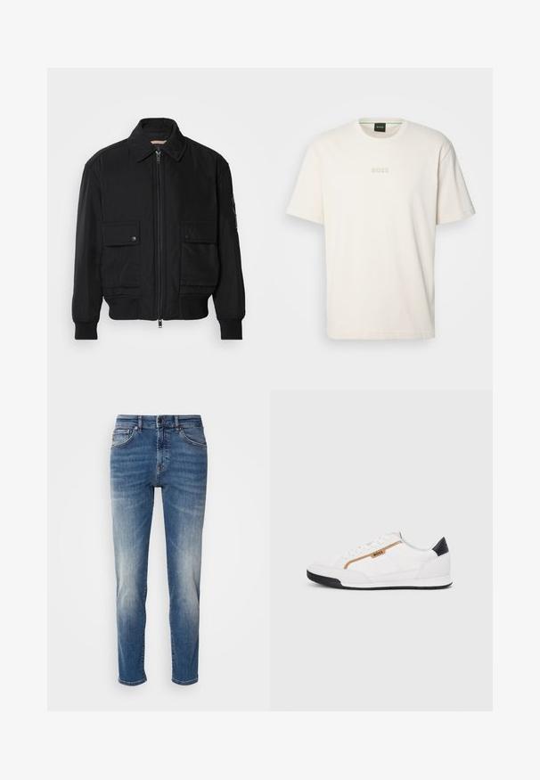 Jaqueta bomber preta feita de um tecido liso e leve. Apresenta um fecho zip à frente, dois bolsos no peito com botão e punhos canelados.; BOSS TEE - T-shirt básica - open white; Jeans de ganga azul com um design de perna reta, desbotamento ligeiro, estilo clássico de cinco bolsos e fecho de zip com botão.; Tênis atléticos brancos com detalhes em malha e couro. Apresenta um logotipo dourado "BOSS", painéis laterais texturizados e um capô de calcanhar preto. Sola em borracha.