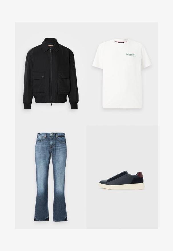 Must mustrakk musth kergestikuti kergemest kuduklett, kergete vestid valjase tormakate. Omab fasadi lukkumist, kahte nööbül pulsiv кофейня ning ribitud käiseid.; Valge puuvillane t-särk lühikeste varrukatega ja ümar kaelus, millel on roheline trükk vasakul rinnal, kus on kirjas "The Milliger Herald" ja "MCHLXXXV."; Sinine denimist valmistatud laienevad teksad, millel on keskmise kõrgusega talje, viie tasku disain ja õrn kulumine, mis loob kulunud välimuse. Ühtlane tekstuur kogu ulatuses.; Madala stiilis meeste toss mustast nahast ja seemisnahast, marooni värvi kanna detailiga ja valge kummist tallaga, vaatega välisküljelt.