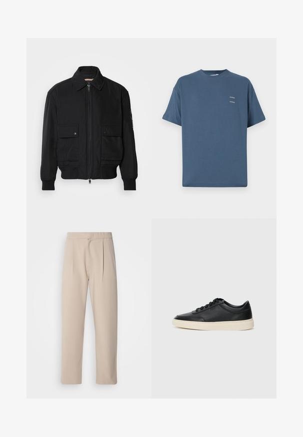 Melnā bomber jaka, izgatavota no gludas, vieglas auduma. Ar rāvējslēdzēju priekšā, diviem pogājamiem krūšu kabatām un ribotām piedurknēm.; Zilas kokvilnas T-krekls ar klasisku apaļu kaklu, īsām piedurknēm, brīvu piegriezumu un diviem maziem apdrukātiem logo uz krūtīm. Gluda tekstūra.; Bēša krāsas, krokotās bikses, izgatavotas no mīksta auduma. Tām ir elastīga josta, taisnas kājas un gluda tekstūra. Nav kabatu vai akcentu.; Melnas zemas ādas sporta kurpes ar melnām auklām un off-white zoli, rādītas no sānu profila uz baltā fona.