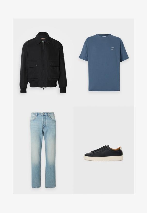 Musta pommijakku, joka on valmistettu sileästä, kevyestä kankaasta. Varusteena vetoketjukiinnitys, kaksi napillista rintataskua ja ribbattu hihansuu.; Sininen puuvillahuppari, jossa on klassinen pyöreä pääntie, lyhyet hihat, rento malli ja kaksi pientä painettua logoa rinnassa. Tasainen pinta.; Vaaleansiniset farkut, jotka on valmistettu denimmateriaalista. Niissä on suora lahjemuotoilu, viisi taskua ja haalistunut pesuefekti reisissä.; Mustat nahkasneakerit, joissa on sileä pinta, beige kumipohja, nauhakiinnitys ja erottuva kanta-aksentti.