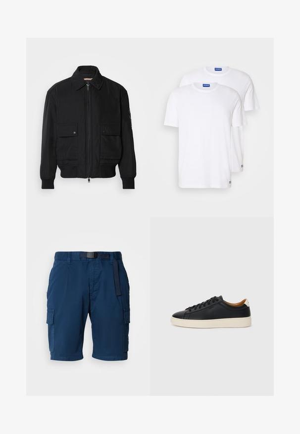 Giacca bomber nera realizzata in tessuto morbido e leggero. Caratterizzata da una chiusura con zip frontale, due tasche sul petto con bottone e polsini a costine.; Due magliette bianche semplici in cotone, con maniche corte e colli rotondi, dotate di un'etichetta con logo blu vicino all'orlo.; Pantaloni cargo blu navy realizzati in tessuto leggero, con vita regolabile da cintura, tasche laterali e una texture sottile.; Sneakers in pelle nera con una texture liscia, suola in gomma beige, design con lacci e un accento del tacco in contrasto.