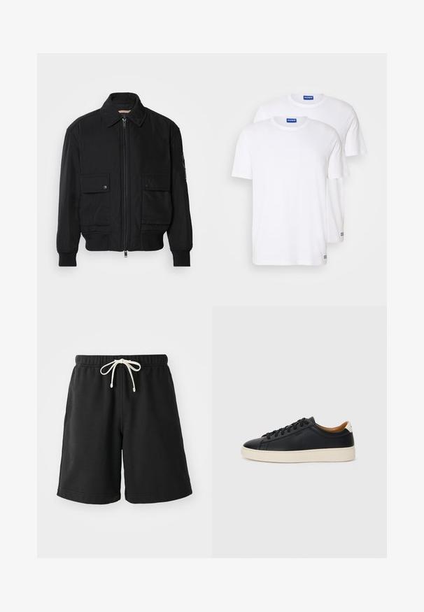 Juodas bomber stiliaus švarkas, pagamintas iš sklandaus, lengvo audinio. Su užtrauktuku priekyje, dviem kišenėmis su sagomis ant krūtinės ir guma apykaklėje.; Du duobės paprastos baltos medvilnės marškinėlių, su trumpomis rankovėmis ir apvaliais iškirpimais, su mėlynu logotipo ženkleliu netoli apvado.; Juodi sportiniai šortai, pagaminti iš minkštos medžiagos, su elastingu juosmeniu, kreminės spalvos raišteliu ir šoninėmis kišenėmis.; Juodos odinės sportbačiai su lygiu paviršiumi, smėlio spalvos guminis padas, raišteliais užsegama konstrukcija ir kontrastingas kulno akcentas.