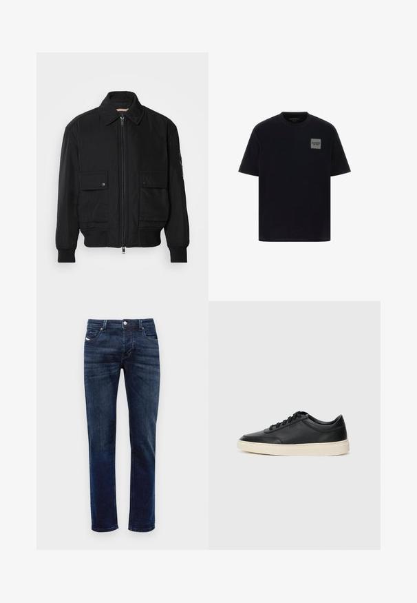 Chaqueta bomber negra de tejido suave y ligero. Cuenta con cierre de cremallera en la parte delantera, dos bolsillos en el pecho con botón y puños acanalados.; Camiseta de algodón negra con mangas cortas, que presenta un parche de logo gris cuadrado en el lado izquierdo del pecho. Diseño de cuello redondo, textura suave.; Jeans de mezclilla azul oscuro con corte recto, que cuentan con cierre de cremallera, diseño de cinco bolsillos y detalles de costura sutiles. Textura suave.; Zapatilla negra de piel de caña baja con cordones negros y suela color crema, mostrada en perfil lateral sobre fondo blanco.