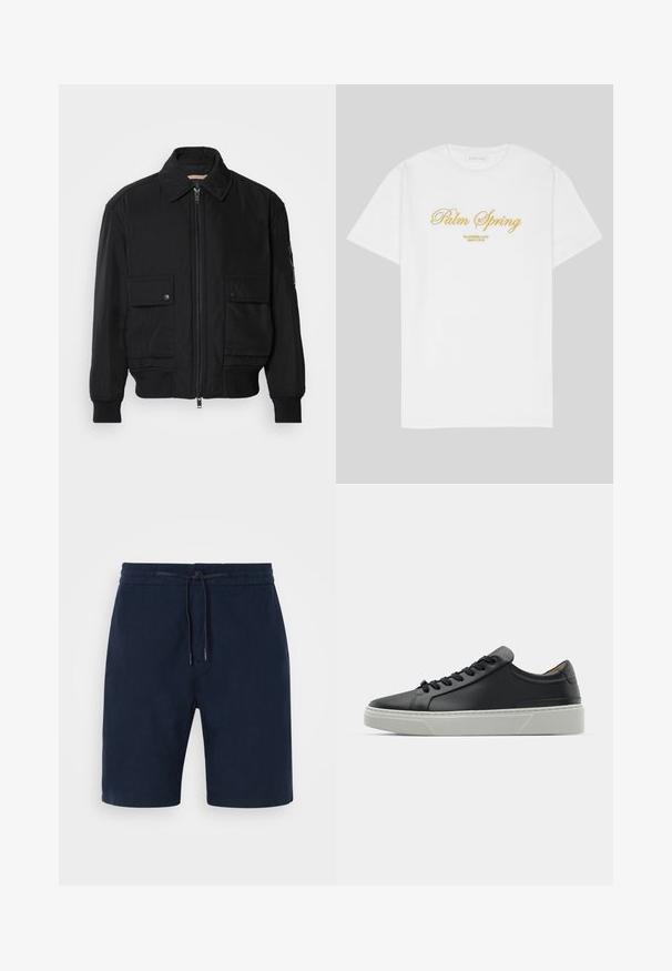 Sort bomberjakke lavet af glat, letvægtsstof. Har lynlås foran, to knap-lukkede brystlommer og ribbede manchetter.; Hvid bomulds t-shirt med guldtekst, der skriver "Palm Spring" med "California Love Eighty Five" nedenfor, afslappet pasform, rund halsudskæring.; Mørkeblå shorts lavet af blødt stof, med elastisk talje og snor, sidelommer og lige ben.; Sort lædersneaker med en glat overflade, rund tå og sorte snørebånd. Har en tykk, hvid gummisål med subtile geometriske detaljer.