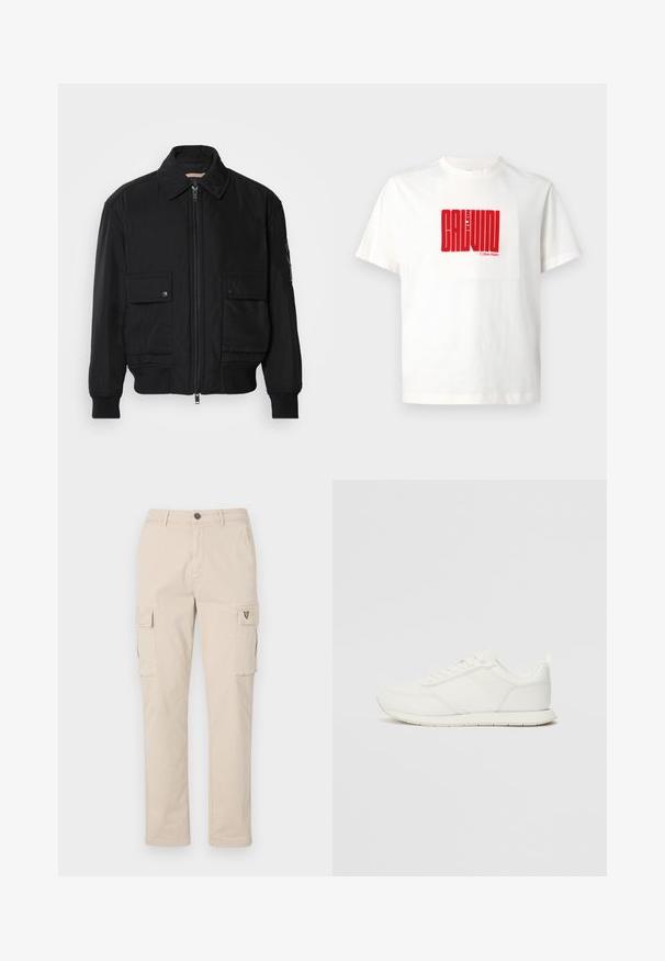 Jachetă bomber neagră, fabricată dintr-un material neted și ușor. Dispune de un fermoar frontal, două buzunare cu nasturi pe piept și manșete ribbrate.; Tricou alb din bumbac cu un imprimeu roșu mare al textului "CALVIN KLEIN" pe față, cu guler rotund și mâneci scurte.; Pantaloni cargo bej, din bumbac, cu două buzunare laterale, un buzunar la spate și un mic logo pe lateral. Design cu picior drept, material rezistent.; Tenis alb cu un superior din plasă și material sintetic, vârf rotund, șireturi plate și o dungi texturată pe lateral. Talpă din cauciuc cu un tab la spate.