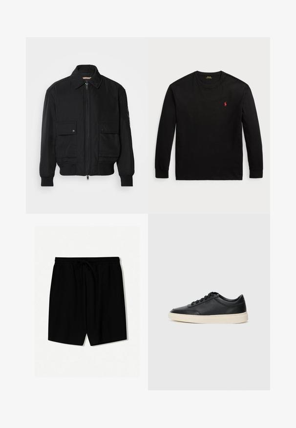 Sort bomberjakke lavet af glat, letvægtsstof. Har lynlås foran, to knap-lukkede brystlommer og ribbede manchetter.; Sort langærmet t-shirt lavet af bomuld. Har en rund halsudskæring, ribbede manchetter og et lille rødt broderet logo på brystet. Glat tekstur.; Sorte shorts lavet af letvægtsmateriale, der har en elastisk talje med snoretræk, frontfolder og længde over knæene.; Sort lavt top lædersneaker med sorte snørebånd og off-white sål vist i sideprofil på hvid baggrund.