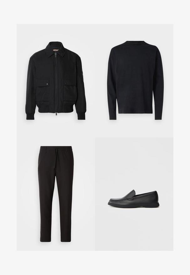 Black bomber jacket made of smooth, lightweight fabric. Features a zip front, two buttoned chest pockets, and ribbed cuffs.; Black long-sleeve shirt made of soft fabric. Features a crew neckline and dropped shoulders. Smooth texture with no visible patterns.; Black jogger pants made of smooth fabric. Feature an elastic waistband with a drawstring, tapered legs, and no visible pockets. Simple design.; Black leather slip-on loafer with textured upper, rounded toe, low heel, and rubber sole, shown in side profile on white background.