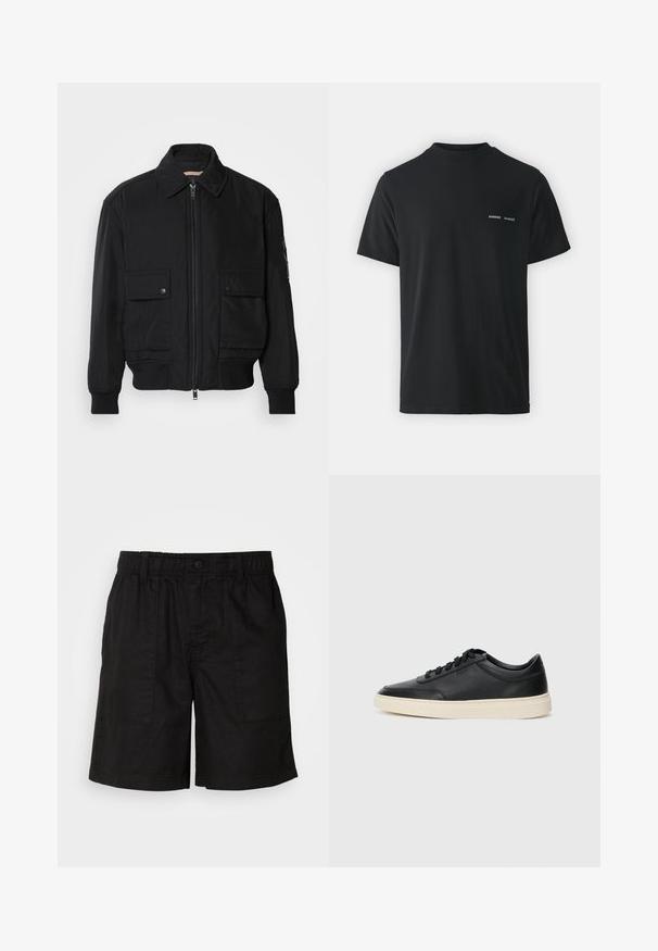 Melnā bomber jaka, izgatavota no gludas, vieglas auduma. Ar rāvējslēdzēju priekšā, diviem pogājamiem krūšu kabatām un ribotām piedurknēm.; Melnās kokvilnas T-krekls ar klasisku apaļu kaklu, īsām piedurknēm un diviem maziem baltiem "SAMSØE" logotipiem uz kreisā krūšu.; Melni šorti ar elastīgu jostu un pogu aizdari. Iezīmējas ar divām lielām sānu kabatām un teksturētu audumu. Ikdienišķs dizains.; Melnas zemas ādas sporta kurpes ar melnām auklām un off-white zoli, rādītas no sānu profila uz baltā fona.