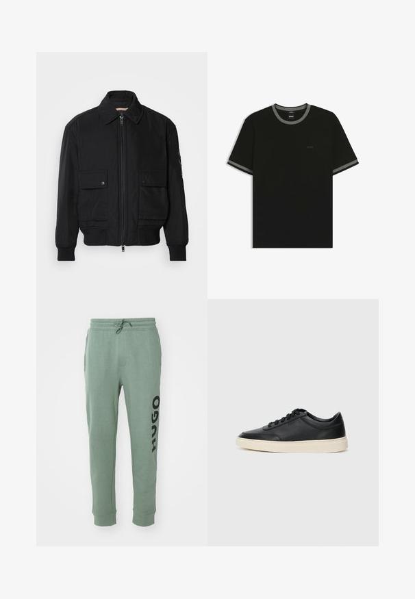 Svart bomberjacka gjord av mjukt, lättviktigt tyg. Har dragkedja fram, två knappade bröstfickor och ribbade ärmslut.; Svart bomullströja med grå kontrasterande rundhals och ärmsnibb, som har en liten, tonad logotyp på framsidan.; Gröna sweatsbyxor i mjukt tyg, med dragsko i midjan och sidofickor. "HUGO" tryckt i fet svart text på vänster ben.; Svart låg skor i läder med svarta snören och off-white sula, visas i sidoprofil på vit bakgrund.
