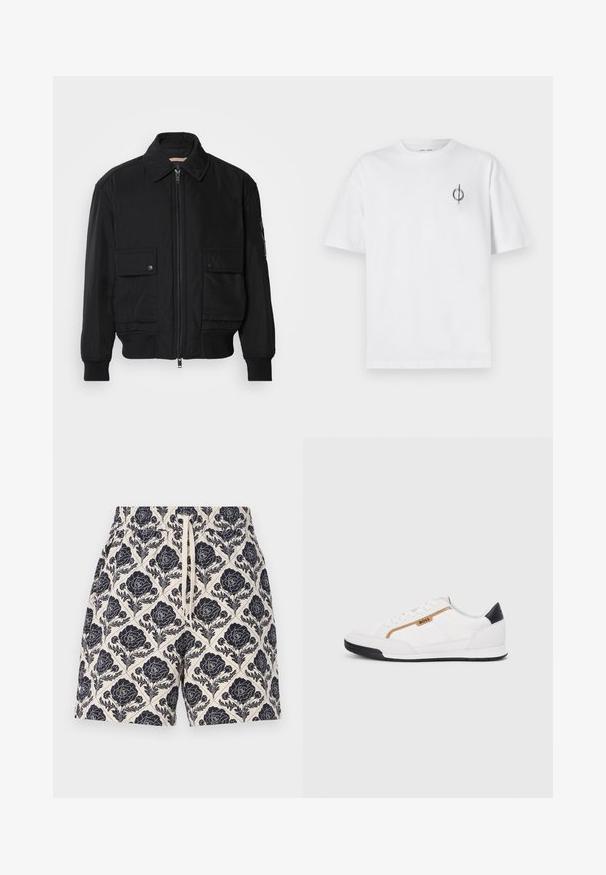 Black bomber jacket made of smooth, lightweight fabric. Features a zip front, two buttoned chest pockets, and ribbed cuffs.; White cotton t-shirt with a relaxed fit, featuring a small black graphic logo on the left chest area. Short sleeves, crew neck style.; Printed shorts in cream with a navy floral design, featuring an elastic waistband and drawstring, made from lightweight fabric.; White athletic shoes with mesh and leather accents. Features a gold "BOSS" logo, textured side panels, and a black heel cap. Rubber sole.