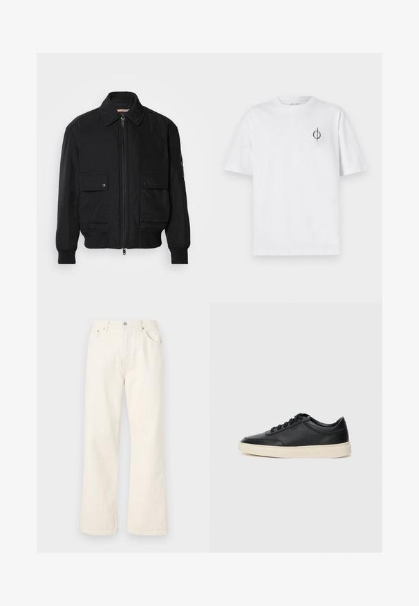 Zwarte bomberjack gemaakt van soepel, lichtgewicht materiaal. Voorzien van een ritssluiting aan de voorkant, twee knoopsluitingen op de borstzakken en geribbelde manchetten.; Witte katoenen t-shirt met een ontspannen pasvorm, voorzien van een klein zwart graphic logo op de linkerkant van de borst. Korte mouwen, ronde hals.; Crème kleurige wijde jeans gemaakt van denim, met een standaard vijf-pocket ontwerp en een metalen knoopsluiting bij de taille.; Zwarte leren sneaker met lage schacht, zwarte veters en off-white zool, weergegeven in zijprofiel op een witte achtergrond.