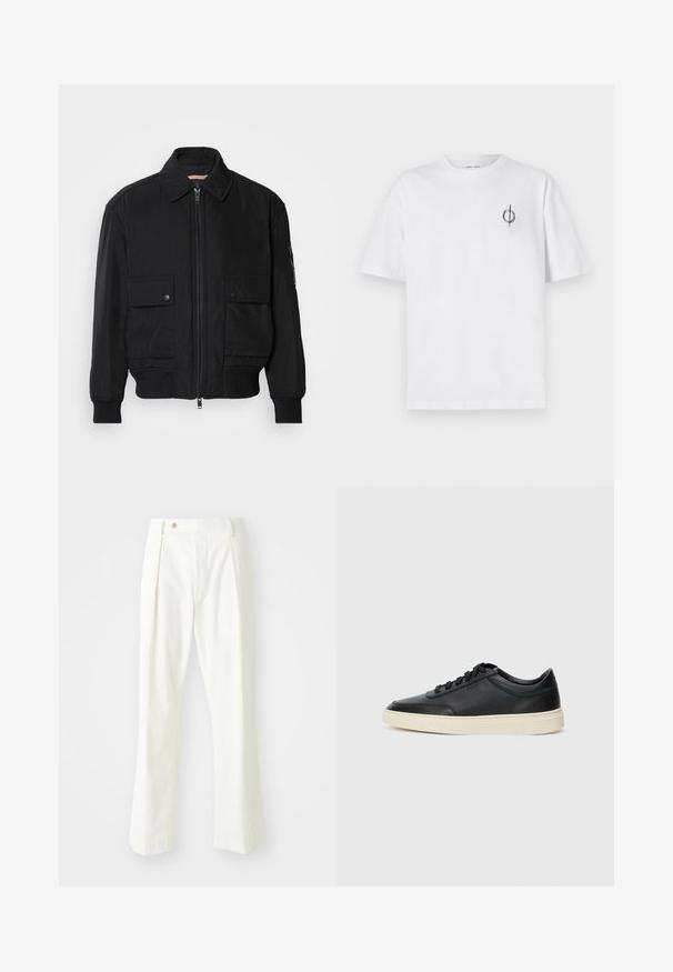 Black bomber jacket made of smooth, lightweight fabric. Features a zip front, two buttoned chest pockets, and ribbed cuffs.; White cotton t-shirt with a relaxed fit, featuring a small black graphic logo on the left chest area. Short sleeves, crew neck style.; White, straight leg trousers made of smooth fabric, featuring a single front pleat, front pockets, and a button closure at the waist.; Black low-top leather sneaker with black laces and off-white sole shown in side profile on white background.