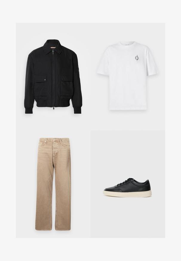 Must mustrakk musth kergestikuti kergemest kuduklett, kergete vestid valjase tormakate. Omab fasadi lukkumist, kahte nööbül pulsiv кофейня ning ribitud käiseid.; Valge puuvillane t-särk lõdva sobivusega, millel on vasakul rinnal väike must graafiline logo. Lühikesed varrukad, ümmargune kaelus.; Beez denimpüksid sirge lõikega, viie taskuga, nööpiga sulgemise ja kontrastsete õmblustega. Sile tekstuur ja minimaalne kulumus.; Mustad musta nahast madal sneaker mustade nööpidega ja kreemivalge tallaga, nähtud külgprofiilis valge tausta ees.