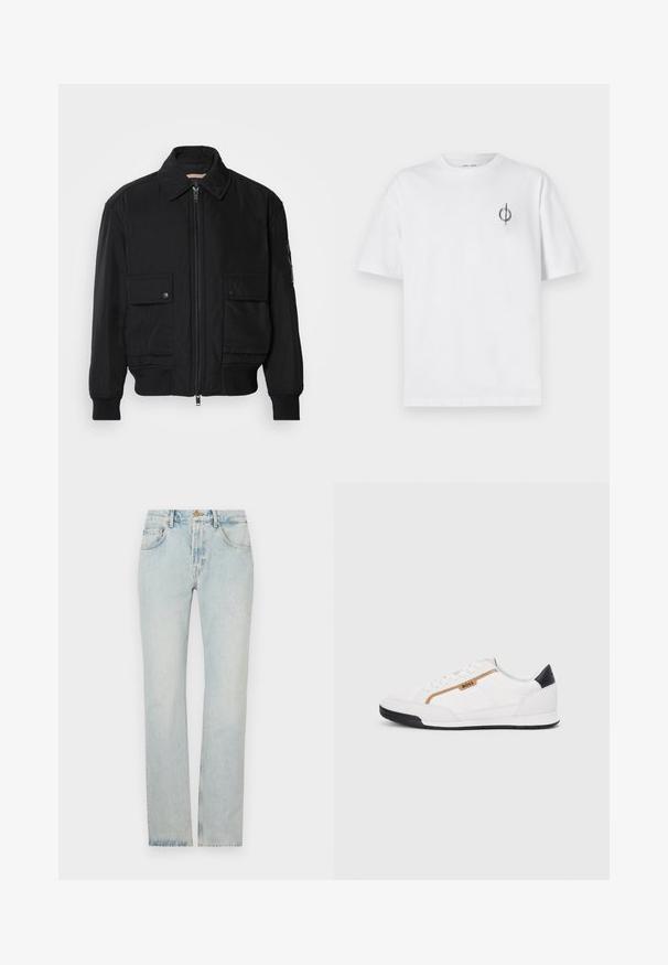 Črna bomberska jakna iz gladkega, lahkega materiala. Ima zadrgo spredaj, dva žepa na prsih s preklopom in rebraste manšete.; Bela bombažna majica s sproščenim krojem, ki ima majhen črn grafični logotip na levem prsnem delu. Kratke rokave, okrogel izrez.; Svjetloplave traperice s ravnim krojem, dizajnom s pet džepova i patentnim zatvaračem. Tkanina pokazuje blago izbljedjelo stanje za dojam nošenosti.; Bele športne čevlje z mrežnimi in usnjenimi detajli. Opremljeni so z zlatim logotipom "BOSS", teksturiranimi stranskimi paneli in črnim kapcom na peti. Guma podplat.